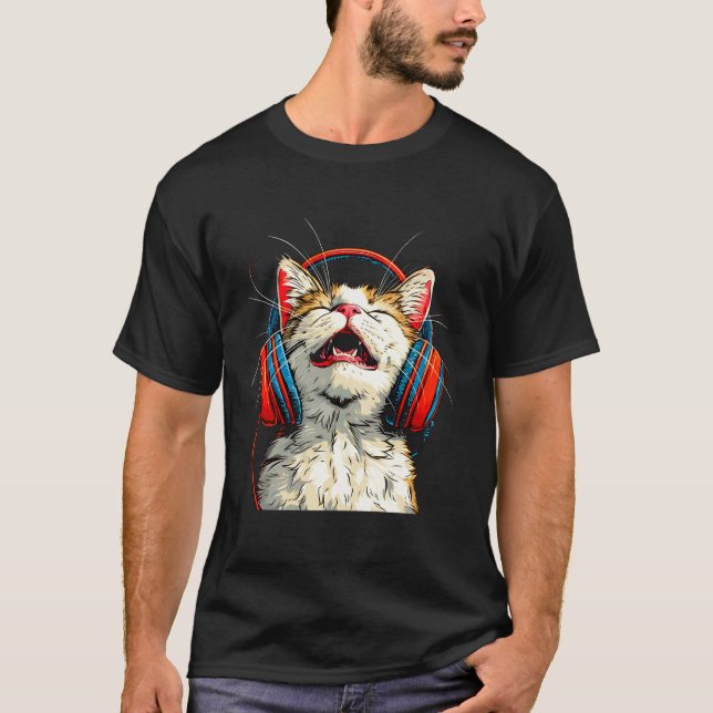 T-shirt Chat Kitty Drôle Vibrant Écoute de la Musique (Devant)