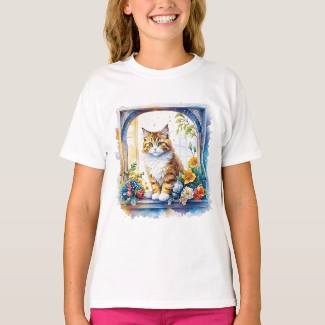 T-shirt Chat Kitty en fenêtre de fleurs (Devant)