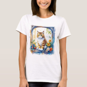 T-shirt Chat Kitty en fenêtre de fleurs
