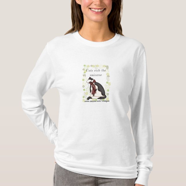 T-shirt Chat Kitty noir et blanc avec Coeurs (Devant)