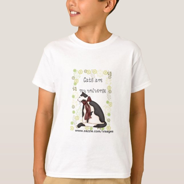 T-shirt Chat Kitty noir et blanc avec fleurs pour filles (Devant)