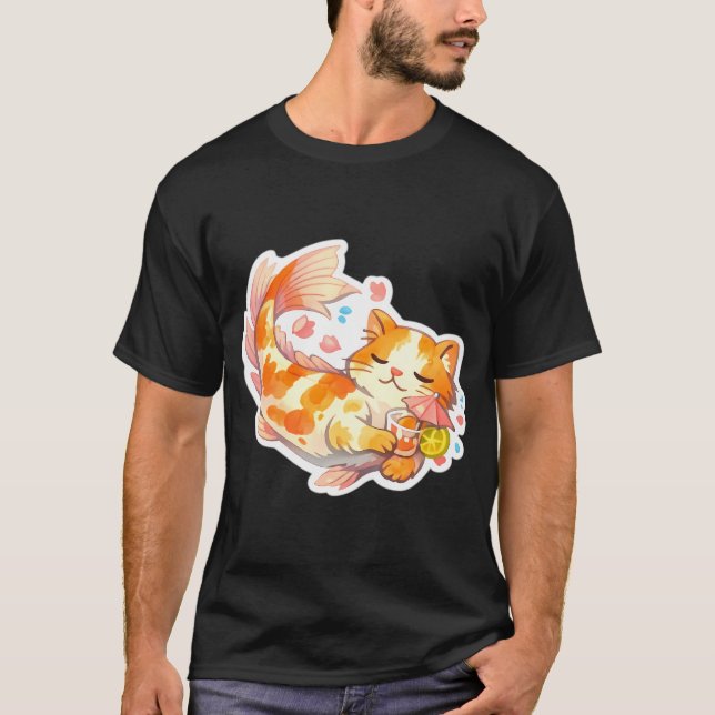 T-shirt Chat Koï relaxant buvant du jus (Devant)