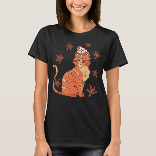 T-shirt Chat Leaf Automne Bonjour Automne (Devant)