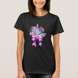 T-shirt Chat Licorne Heureuse Coquette Gris Floral Rose No