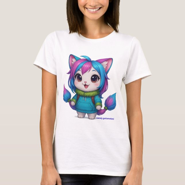 T-shirt 👉 Chat Licorne Kawaii Arc-en-Ciel – Conception Ch (Devant)