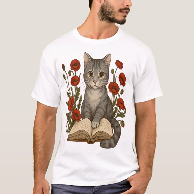 T-shirt Chat Livresque � Joli Chat en Lecture Avec des Coq (Devant)