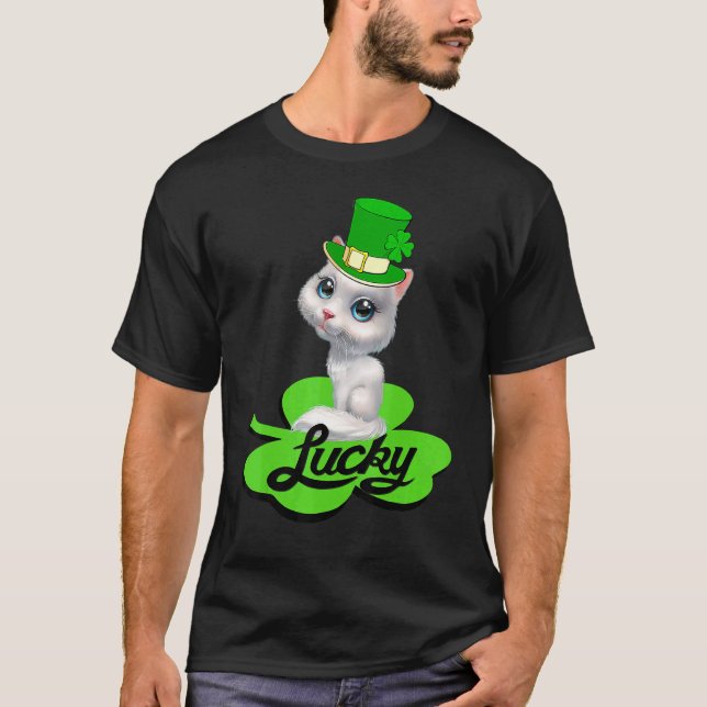T-shirt Chat Lucky Leprechaun Saint Patrick Shamrock Pour  (Devant)