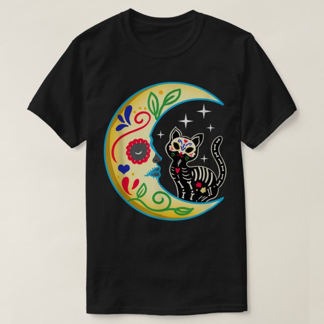 T-shirt Chat & Lune Crâne à sucre Dia de Los Muertos, Jour (Design devant)