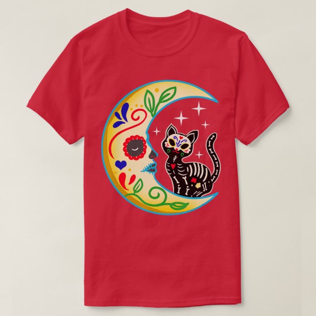 T-shirt Chat & Lune Crâne à sucre Dia de Los Muertos, Jour (Design devant)