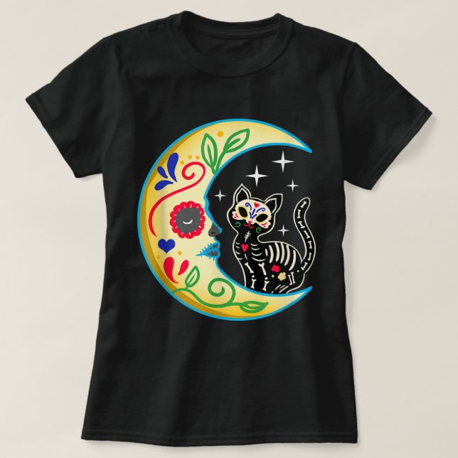 T-shirt Chat & Lune Crâne à sucre Dia de Los Muertos, Jour (Design devant)