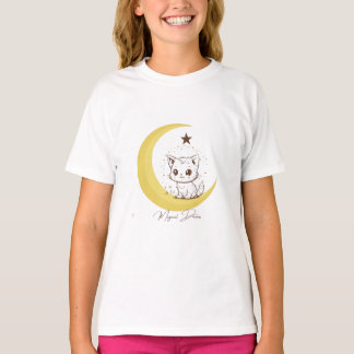T-shirt Chat Magique Mignon sur Rêves Étoilés de Lune - Ro