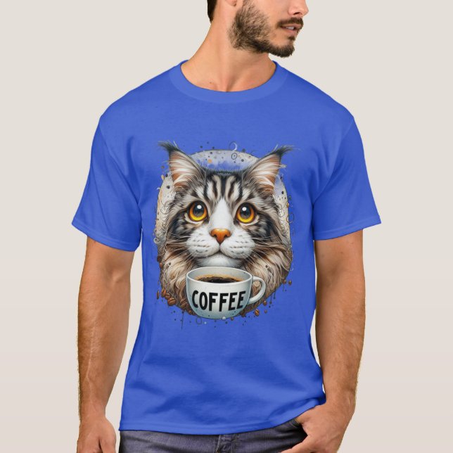 T-shirt Chat Maine Coon buvant du café (Devant)