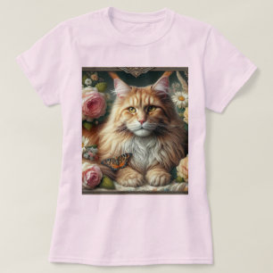 T-shirt Chat Maine Coon Orange Victorien avec des Roses Ro
