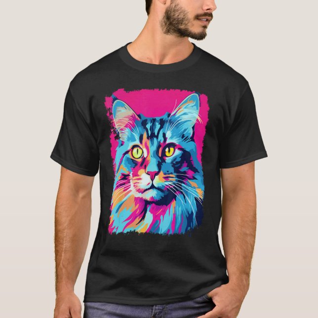 T-shirt Chat Maine Coon Pop Art Rose (Devant)