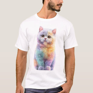 T-shirt Chat Mâle Fluffy Aquarelle Pastel Arc-en-ciel