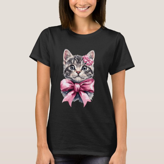 T-shirt Chat maman tabby arc coquette fourrure grise ruban (Devant)