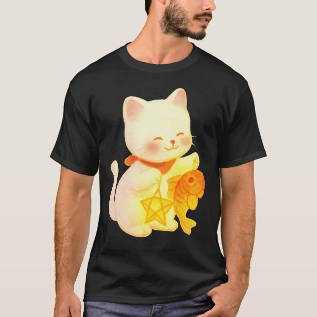 T-shirt Chat Maneki Neko Kawaii avec décoration de poisson (Devant)