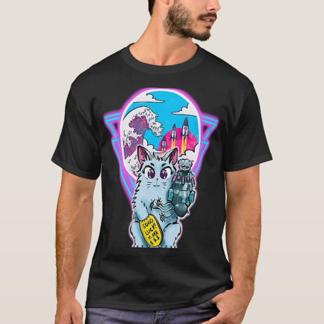 T-shirt Chat Maneki Neko Sci Fi avec Pièce de Chance (Devant)