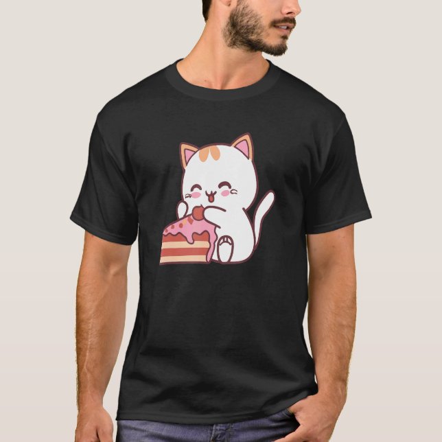 T-shirt Chat mangeant de délicieux gâteau de bonbons en ar (Devant)