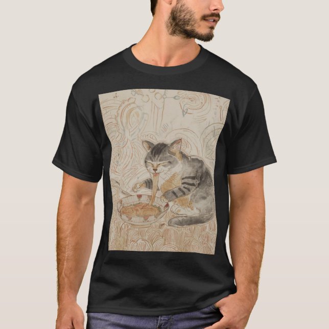 T-shirt Chat mangeant des nouilles  (Devant)
