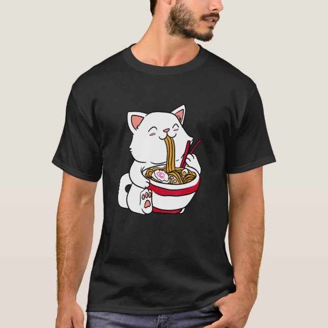 T-shirt Chat mangeant des nouilles Ramen nourriture japona (Devant)