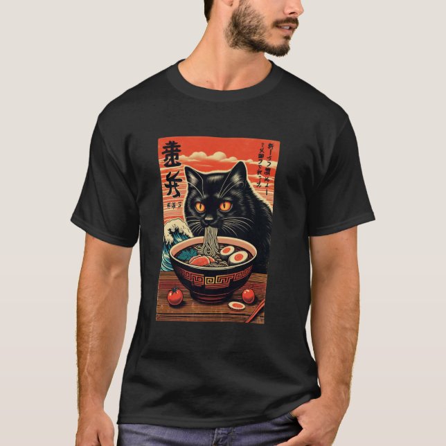 T-shirt Chat mangeant des ramen, amateur de chat, style ja (Devant)