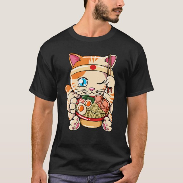 T-shirt Chat mangeant des ramen Baka Japonais (Devant)