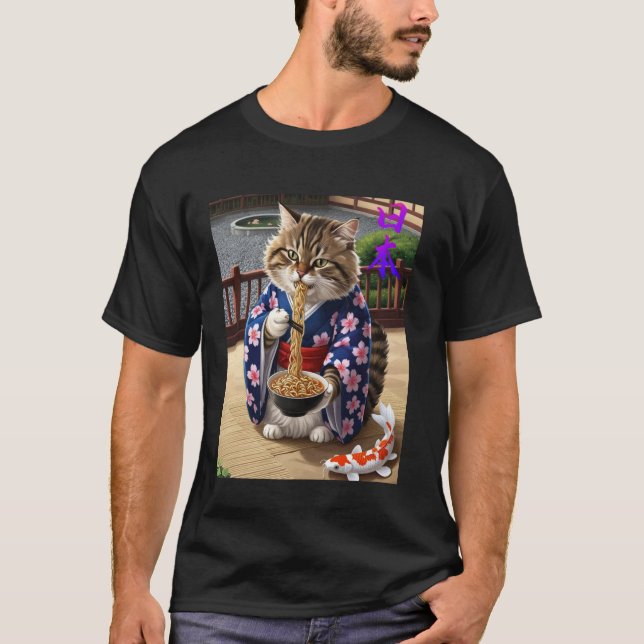T-shirt Chat Mangeant des Ramen - Design Japonais Unique & (Devant)