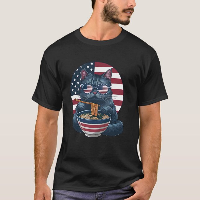 T-shirt Chat Mangeant Des Ramen Drôle Chat Lunettes De Sol (Devant)