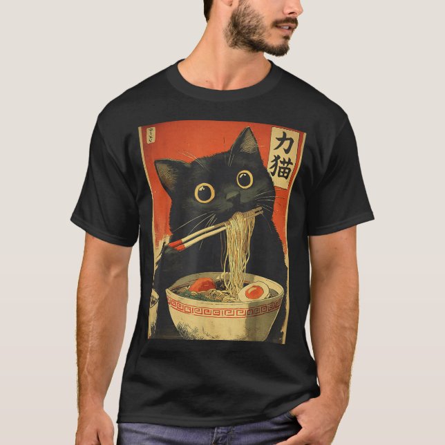 T-shirt Chat Mangeant Des Ramen Drôle Japonais Kawaii Chat (Devant)