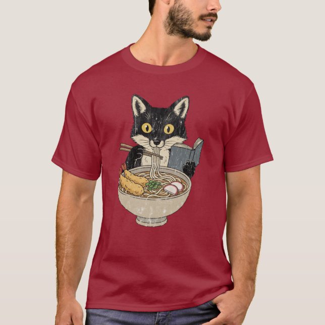 T-shirt Chat Mangeant des Ramen en Lisant un Livre (Devant)