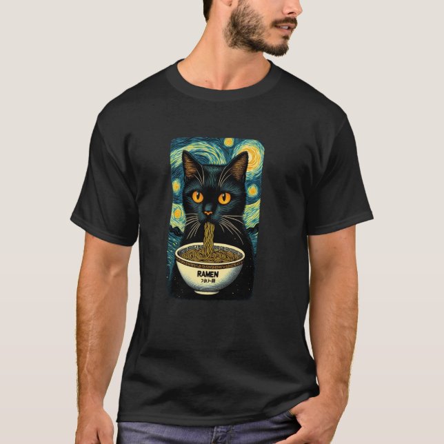T-shirt Chat Mangeant des Ramen, Nuit Étoilée Van Gogh, Am (Devant)