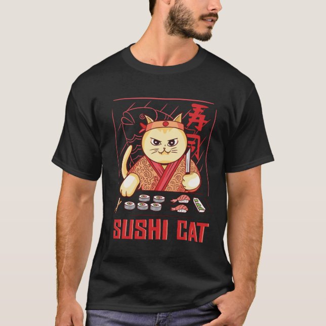 T-shirt chat mangeant des sushis (Devant)
