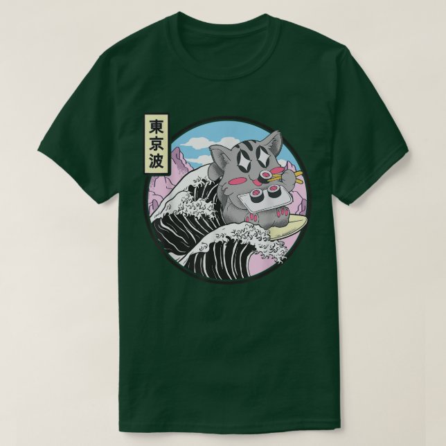 T-shirt Chat mangeant des sushis surfant sur la vague de K (Design devant)