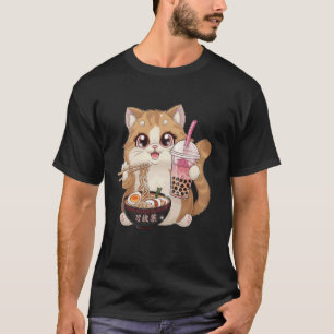 T-shirt Chat mangeant du ramen et du thé à bulles japonais