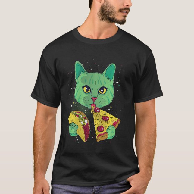 T-shirt Chat Manger Pizza et Taco dans l'espace Drôle Chat (Devant)
