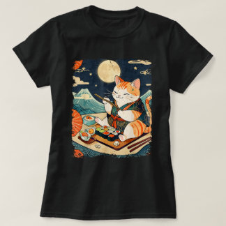 T-shirt Chat Manger Sushi japonais Anime Kawaii Chat Ukiyo