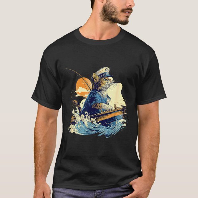 T-shirt Chat Marin Capitaine Bateau Pêche  (Devant)