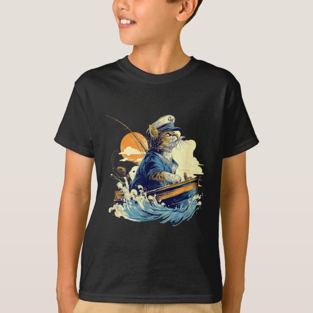 T-shirt Chat Marinier Capitaine Bateau Pêche  (Devant)