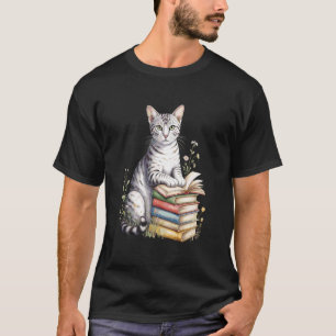 T-shirt Chat Mau Égyptien Livre Dévorant Fleurs Livre Lect