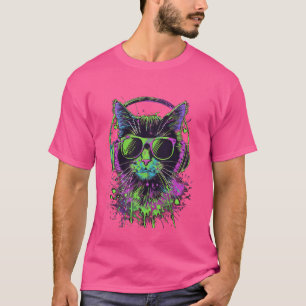 T-shirt Chat mauve DJ avec casque et lunettes de soleil Ki