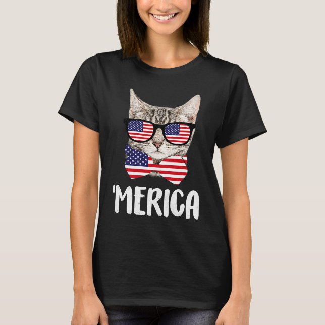 T-shirt Chat Merica portant des lunettes de soleil Drapeau (Devant)