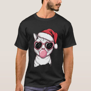 T-shirt Chat mignon avec chapeau de Père Noël et lunettes