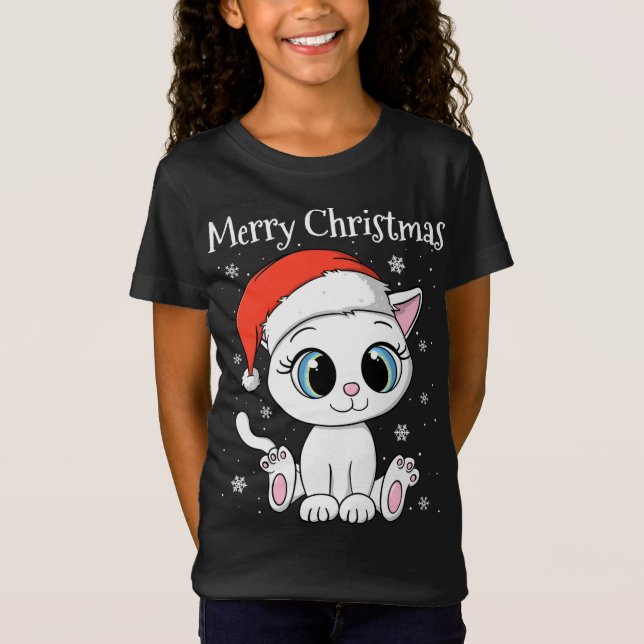 T-Shirt Chat mignon avec chapeau de Père Noël Joyeux Noël (Devant)