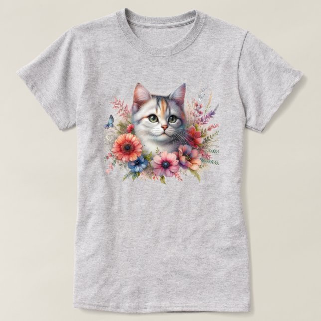 T-shirt Chat mignon avec fleurs Amoureux des chats  (Design devant)