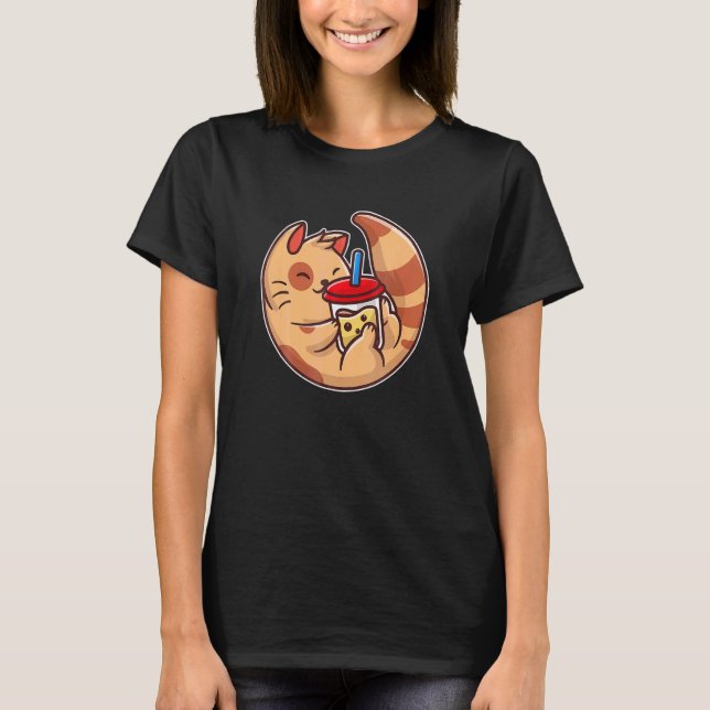 T-shirt Chat Mignon Avec Un Thé Aux Perles (Devant)