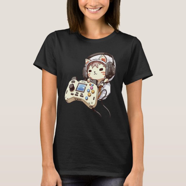 T-shirt Chat mignon Casque de jeu drôle manette Kit de jeu (Devant)