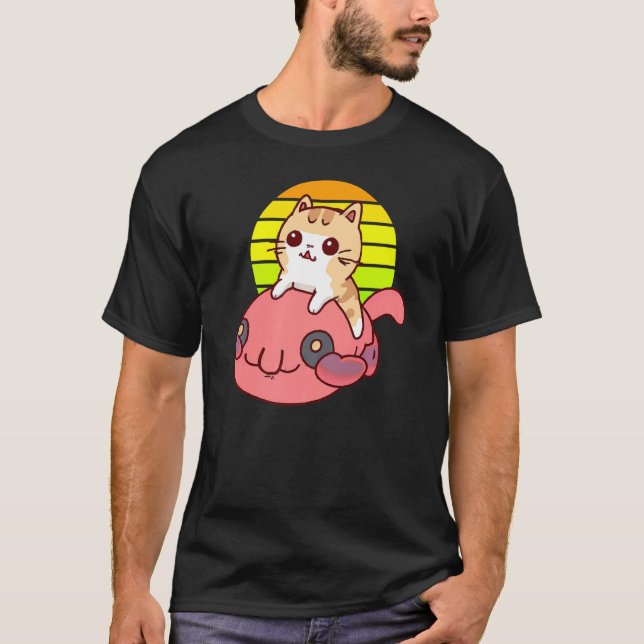 T-shirt Chat mignon chevauchant un poisson-blob (Devant)