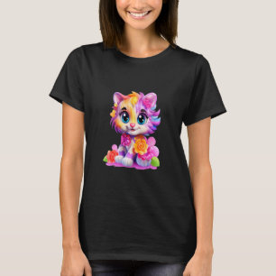 T-shirt Chat mignon coloré avec des fleurs gros yeux Kawai
