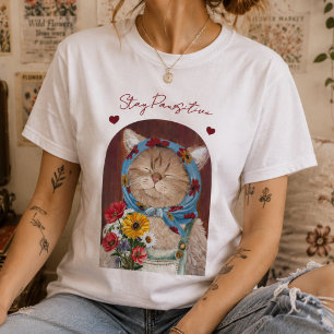 T-shirt Chat Mignon Cottagecore avec Fleurs Restez Positiv